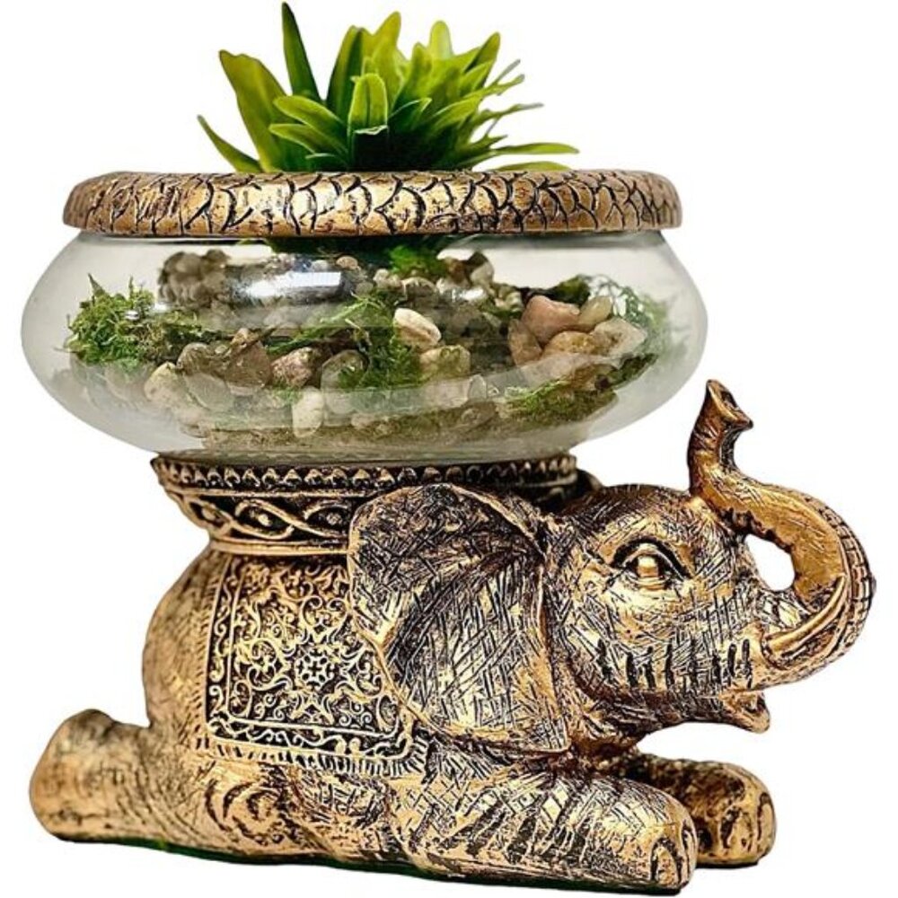 New Good Luck Decorative Gold Antiqued Elephant Glass Bowl,Terrarium or Candle
